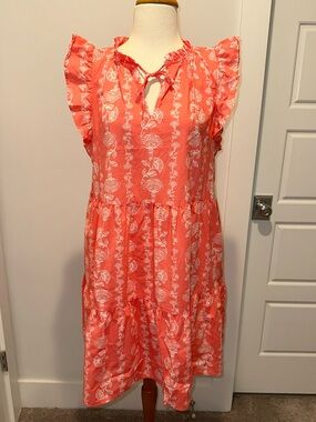 Time Tru Women’s Mini Dress Large (12-14) Coral Floral Cotton Ruffle Cap Sleeve